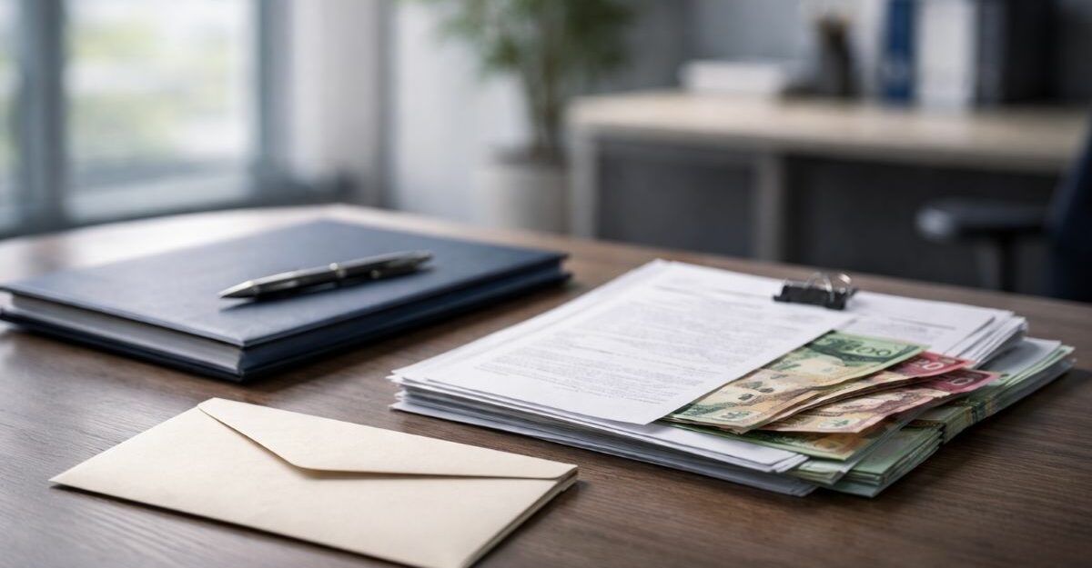 Employment documents and paperwork on an office desk, representing bonus and severance pay considerations after termination.