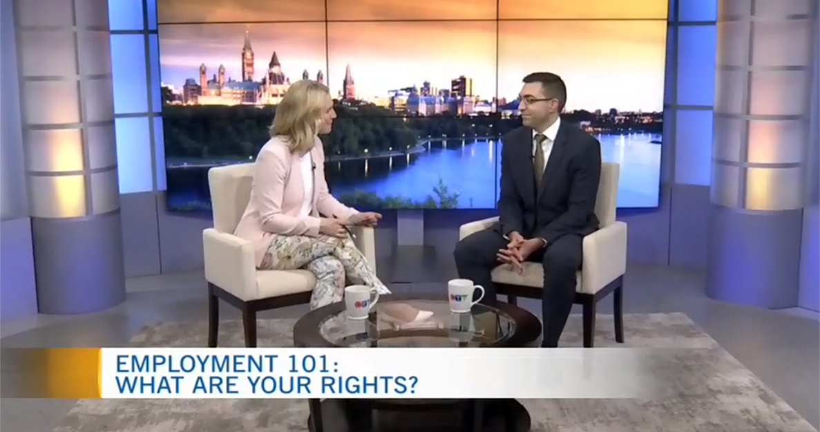 Employment Lawyer Alex Lucifero, Partner at Samfiru Tumarkin LLP, is sitting in the CTV Morning Live Ottawa studio with host Annette Goerner for an interview about basic employment rights in Ontario and Canada.