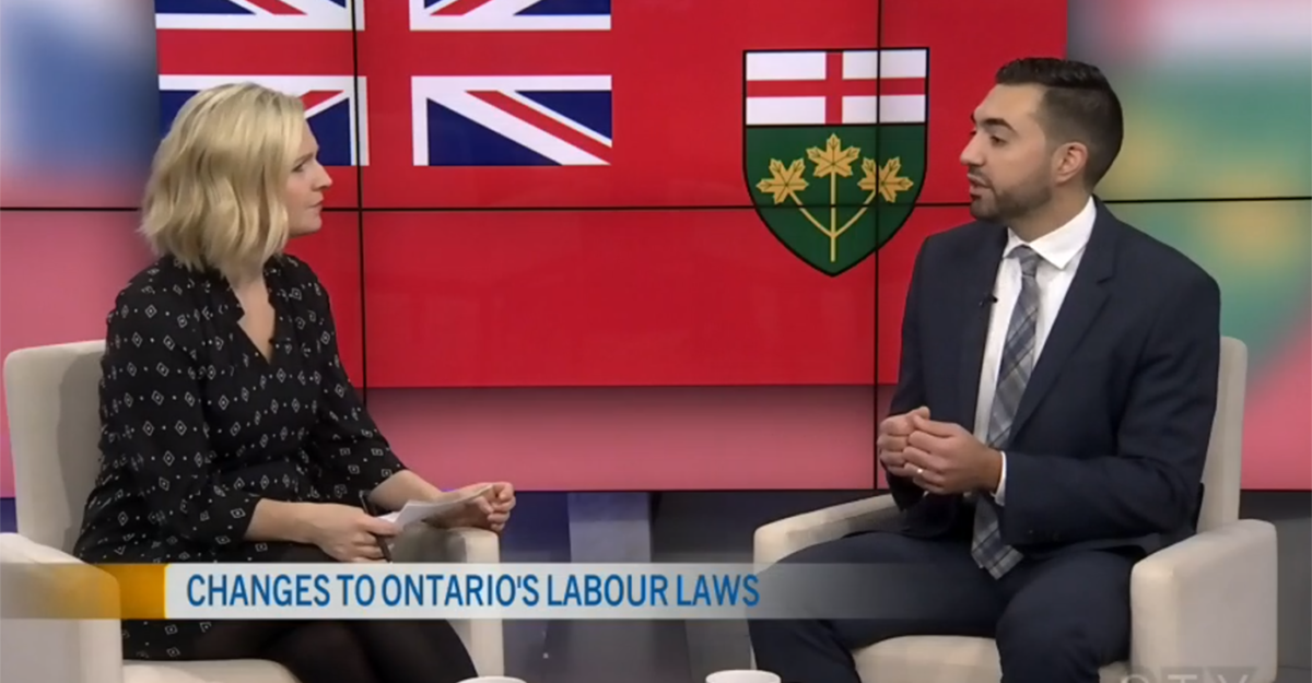 Employment Lawyer Alex Lucifero, Partner at Samfiru Tumarkin LLP, is sitting in the CTV Morning Live Ottawa studio with host Annette Goerner for an interview about changes to Ontario's employment laws.