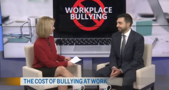 Employment Lawyer Alex Lucifero, Partner at Samfiru Tumarkin LLP, is sitting in the CTV Morning Live Ottawa studio with a host for an interview about workplace bullying.