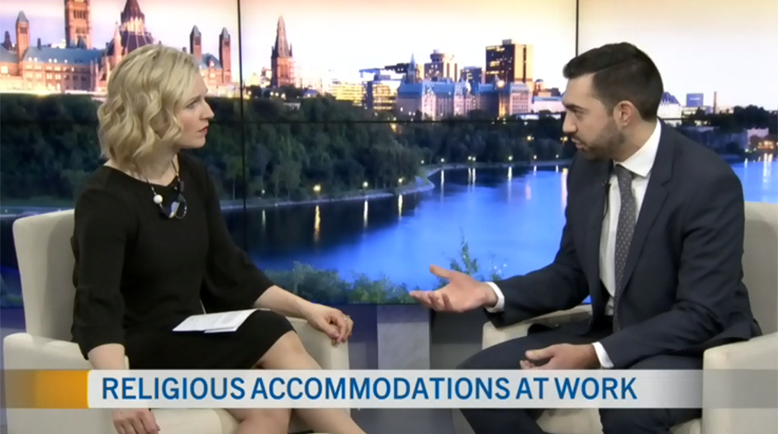 Employment Lawyer Alex Lucifero, Partner at Samfiru Tumarkin LLP, is sitting in the CTV Morning Live Ottawa studio with host Annette Goerner for an interview about religious accommodations at work.