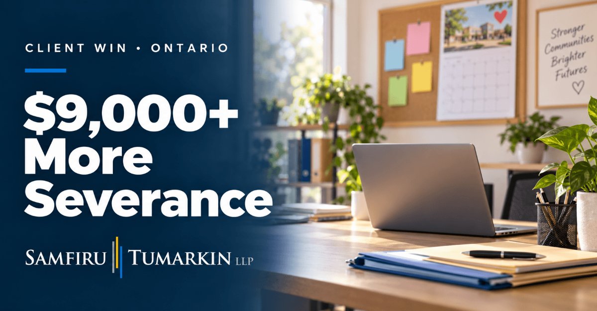 Community-program office beside “$9,000+ More Severance” and the Samfiru Tumarkin LLP logo.