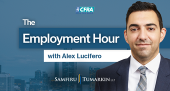 A headshot of Employment Lawyer Alex Lucifero, Partner at Samfiru Tumarkin LLP, to the right of the Employment Law Show logo. He hosts the show on Newstalk 580 CFRA in Ottawa, Ontario.