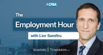 A headshot of Employment Lawyer Lior Samfiru, Co-founding Partner at Samfiru Tumarkin LLP, to the right of the Employment Law Show logo. He hosts the show on radio station Newstalk 580 CFRA in Ottawa, Ontario.