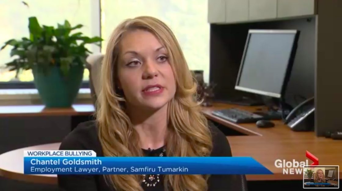 Employment Lawyer Lior Samfiru, Partner at Samfiru Tumarkin LLP, sits in her office as she conducts a camera interview about workplace bullying with Global News.