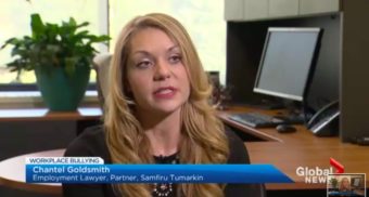 Employment Lawyer Lior Samfiru, Partner at Samfiru Tumarkin LLP, sits in her office as she conducts a camera interview about workplace bullying with Global News.