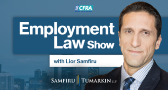 A headshot of Employment Lawyer Lior Samfiru, Co-founding Partner at Samfiru Tumarkin LLP, to the right of the Employment Law Show logo. He hosts the show on radio station Newstalk 580 CFRA in Ottawa, Ontario.