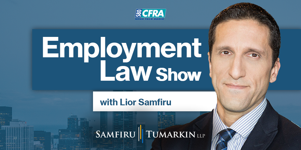 A headshot of Employment Lawyer Lior Samfiru, Co-founding Partner at Samfiru Tumarkin LLP, to the right of the Employment Law Show logo. He hosts the show on radio station Newstalk 580 CFRA in Ottawa, Ontario.