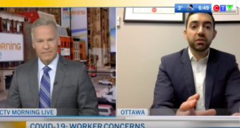 Employment Lawyer Alex Lucifero, Partner at Samfiru Tumarkin LLP, is featured on a split screen along with CTV Morning Live Ottawa anchor Leslie Roberts as they conduct a live interview about rights for workers during the COVID0-19 pandemic.