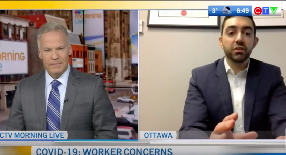 Employment Lawyer Alex Lucifero, Partner at Samfiru Tumarkin LLP, is featured on a split screen along with CTV Morning Live Ottawa anchor Leslie Roberts as they conduct a live interview about rights for workers during the COVID0-19 pandemic.