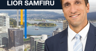 A headshot of Employment Lawyer Lior Samfiru, Co-founding Partner at Samfiru Tumarkin LLP, next to the firm logo and a view of downtown Vancouver in the background.