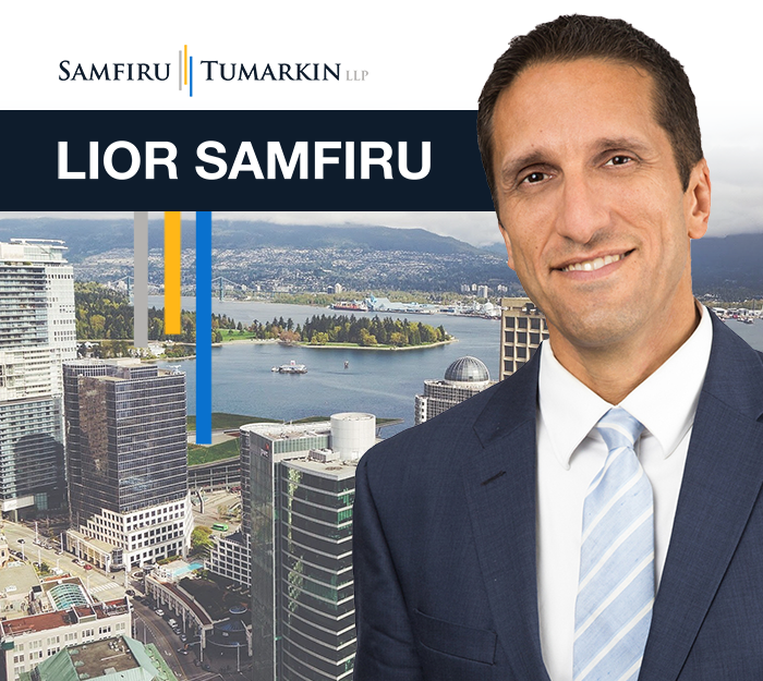 A headshot of Employment Lawyer Lior Samfiru, Co-founding Partner at Samfiru Tumarkin LLP, next to the firm logo and a view of downtown Vancouver in the background.