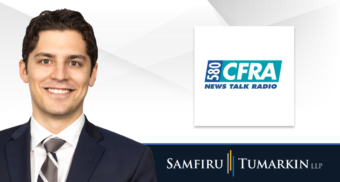 A headshot of Ontario employment lawyer Jon Pinkus next to the logos for Samfiru Tumarkin LLP and Ottawa radio station Newstalk 580 CFRA.