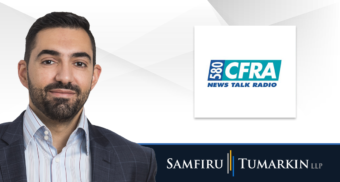 A headshot of Ottawa employment lawyer Alex Lucifero next to the logos for Samfiru Tumarkin LLP and Ottawa radio station Newstalk 580 CFRA.