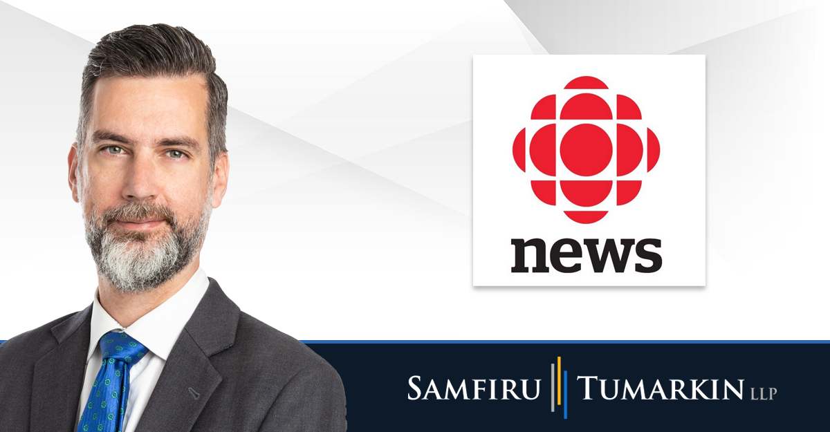 A headshot of Canadian employment lawyer Lluc Cerda next to the Samfiru Tumarkin LLP and CBC News logos.