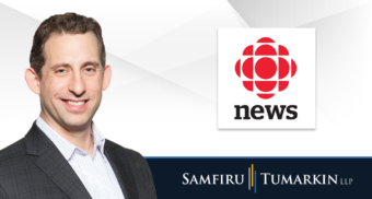 A headshot of Canadian disability lawyer Sivan Tumarkin next to the Samfiru Tumarkin LLP and CBC News logos.