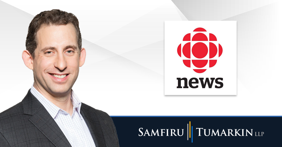 A headshot of Canadian disability lawyer Sivan Tumarkin next to the Samfiru Tumarkin LLP and CBC News logos.