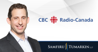 A headshot of Canadian disability lawyer Sivan Tumarkin next to the Samfiru Tumarkin LLP and CBC Radio-Canada logos.