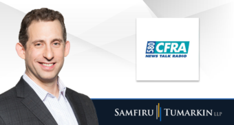 A headshot of Ottawa disability lawyer Sivan Tumarkin next to the logos for Samfiru Tumarkin LLP and Ottawa radio station Newstalk 580 CFRA.