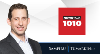 A headshot of Toronto disability lawyer Sivan Tumarkin next to the logos for Samfiru Tumarkin LLP and radio station Newstalk 1010 in Toronto.