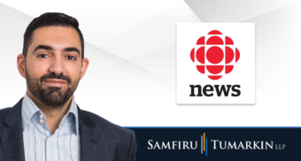 A headshot of Canadian employment lawyer Alex Lucifero next to the Samfiru Tumarkin LLP and CBC News logos.