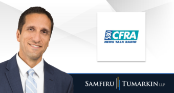 A headshot of Ottawa employment lawyer Lior Samfiru next to the logos for Samfiru Tumarkin LLP and Ottawa radio station Newstalk 580 CFRA.