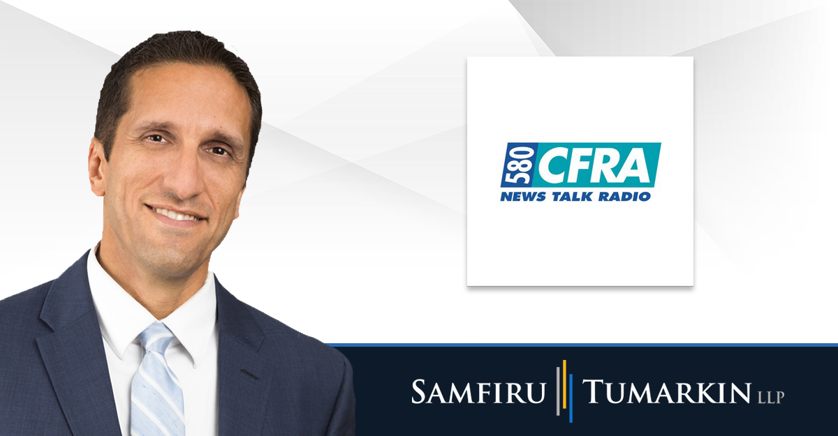 A headshot of Ottawa employment lawyer Lior Samfiru next to the logos for Samfiru Tumarkin LLP and Ottawa radio station Newstalk 580 CFRA.