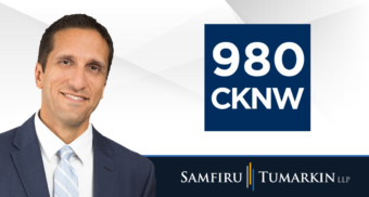 Employment lawyer Lior Samfiru's headshot next to 980 CKNW, Samfiru Tumarkin LLP logos