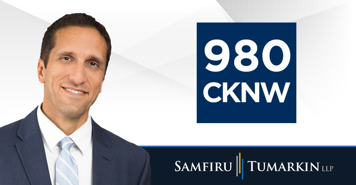 Employment lawyer Lior Samfiru's headshot next to 980 CKNW, Samfiru Tumarkin LLP logos