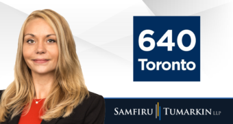 A headshot of Employment Lawyer Lior Samfiru, Partner at Samfiru Tumarkin LLP, to the left of the logos for 640 Toronto and Samfiru Tumarkin LLP.