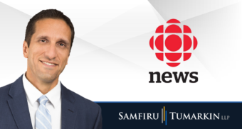 A headshot of Canadian employment lawyer Lior Samfiru next to the Samfiru Tumarkin LLP and CBC News logos.