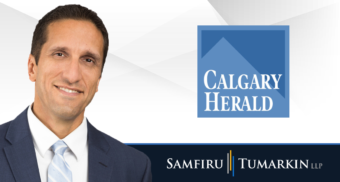 A headshot of Employment Lawyer Lior Samfiru, Co-founding Partner at Samfiru Tumarkin LLP, to the left of the logos for the Calgary Herald and Samfiru Tumarkin LLP.