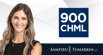 A headshot of Employment Lawyer Mackenzie Irwin at Samfiru Tumarkin LLP, to the left of the logos for radio station 900 CHML in Hamilton and Samfiru Tumarkin LLP.