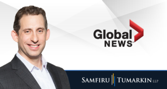 Disability lawyer Sivan Tumarkin's headshot next to Global News, Samfiru Tumarkin LLP logos