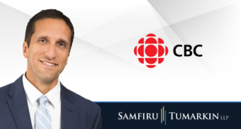 A headshot of Canadian employment lawyer Lior Samfiru next to the Samfiru Tumarkin LLP and CBC News logos.