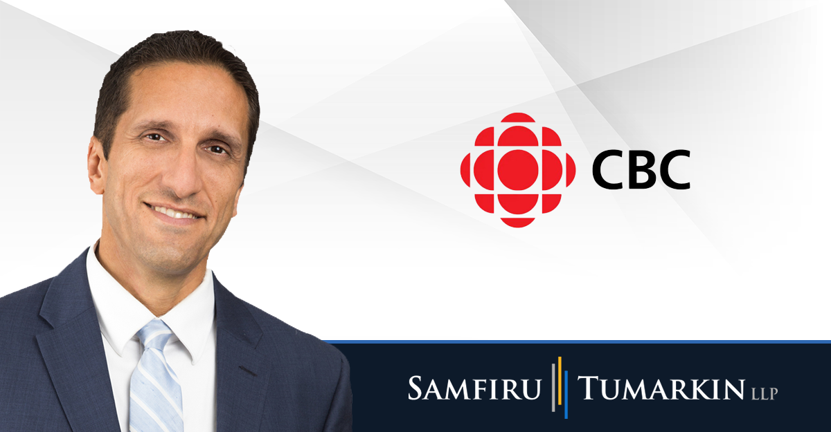 A headshot of Canadian employment lawyer Lior Samfiru next to the Samfiru Tumarkin LLP and CBC News logos.