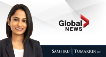 A headshot of Canadian employment lawyer Fiona Martin next to the Samfiru Tumarkin LLP and Global News logos.