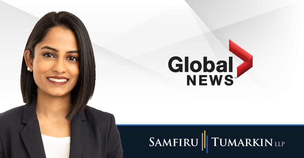 A headshot of Canadian employment lawyer Fiona Martin next to the Samfiru Tumarkin LLP and Global News logos.