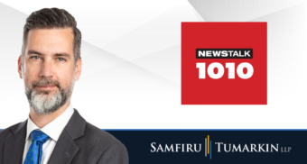A headshot of Toronto employment lawyer Lluc Cerda next to the logos for Samfiru Tumarkin LLP and radio station Newstalk 1010 in Toronto.