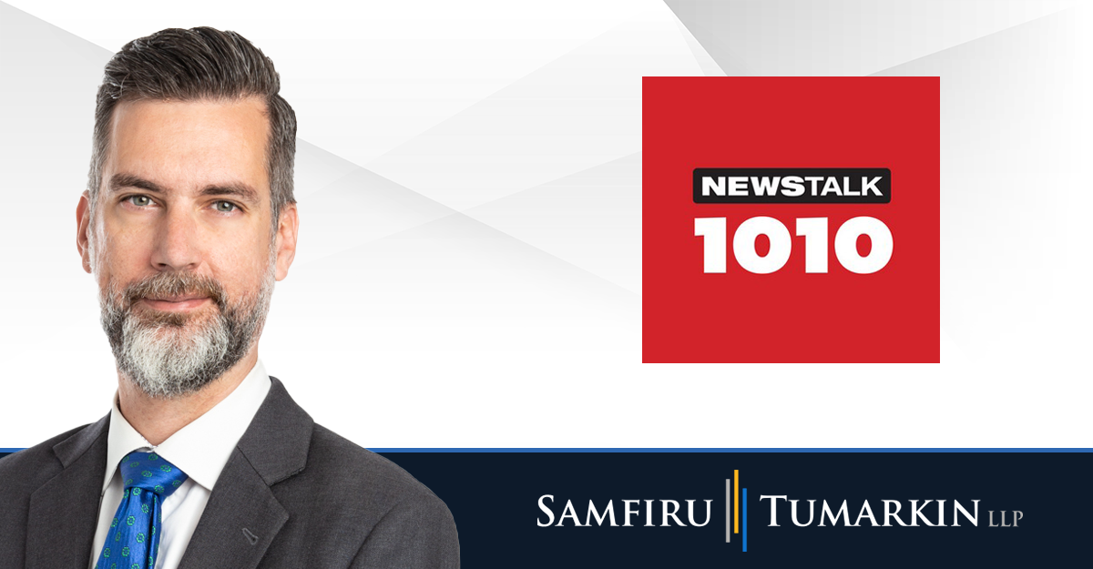 A headshot of Toronto employment lawyer Lluc Cerda next to the logos for Samfiru Tumarkin LLP and radio station Newstalk 1010 in Toronto.