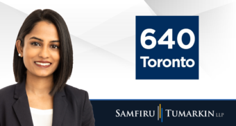 A headshot of Canadian employment lawyer Fiona Martin next to the Samfiru Tumarkin LLP and 640 Toronto logos.