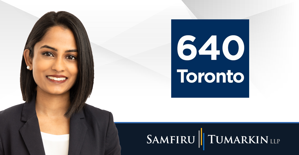 A headshot of Canadian employment lawyer Fiona Martin next to the Samfiru Tumarkin LLP and 640 Toronto logos.