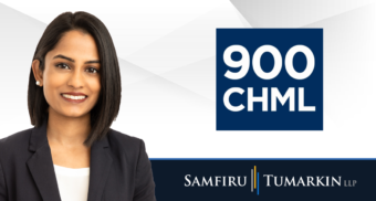 A headshot of Canadian employment lawyer Fiona Martin next to the Samfiru Tumarkin LLP and 900 CHML logos.