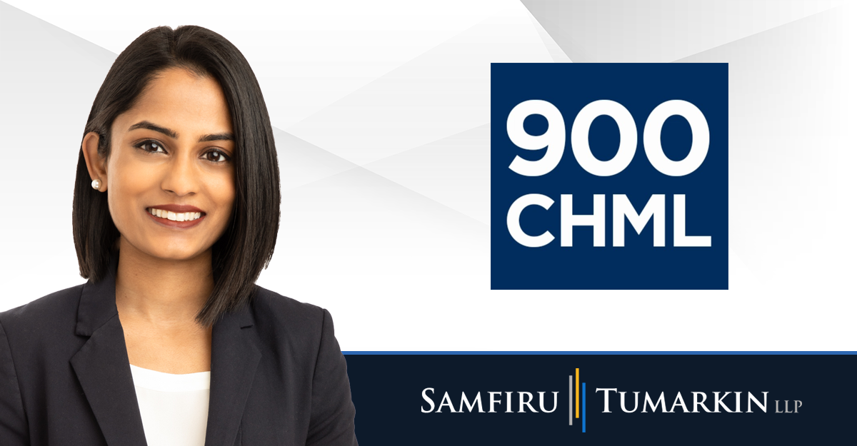 A headshot of Canadian employment lawyer Fiona Martin next to the Samfiru Tumarkin LLP and 900 CHML logos.