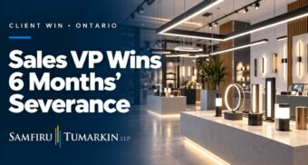 LED lighting showroom beside “Sales VP Wins 6 Months’ Severance” and the Samfiru Tumarkin LLP logo.