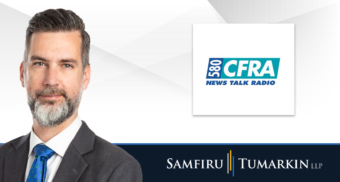 A headshot of Ontario employment lawyer Lluc Cerda next to the logos for Samfiru Tumarkin LLP and Ottawa radio station Newstalk 580 CFRA.