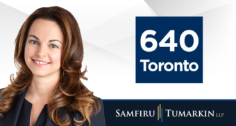 A headshot of Toronto disability lawyer Tamar Agopian next to the logos for Samfiru Tumarkin LLP and radio station 640 Toronto.