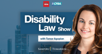 A headshot of Disability Lawyer Tamar Agopian, Partner at Samfiru Tumarkin LLP, to the right of the Disability Law Show logo. She hosts the show on radio stations Newstalk 1010 in Toronto and Newstalk 580 CFRA in Ottawa, Ontario.