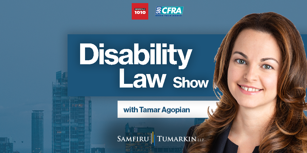 A headshot of Disability Lawyer Tamar Agopian, Partner at Samfiru Tumarkin LLP, to the right of the Disability Law Show logo. She hosts the show on radio stations Newstalk 1010 in Toronto and Newstalk 580 CFRA in Ottawa, Ontario.