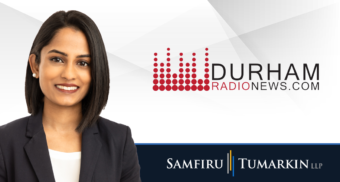 A headshot of Canadian employment lawyer Fiona Martin next to the Samfiru Tumarkin LLP and Durham Radio News logos.